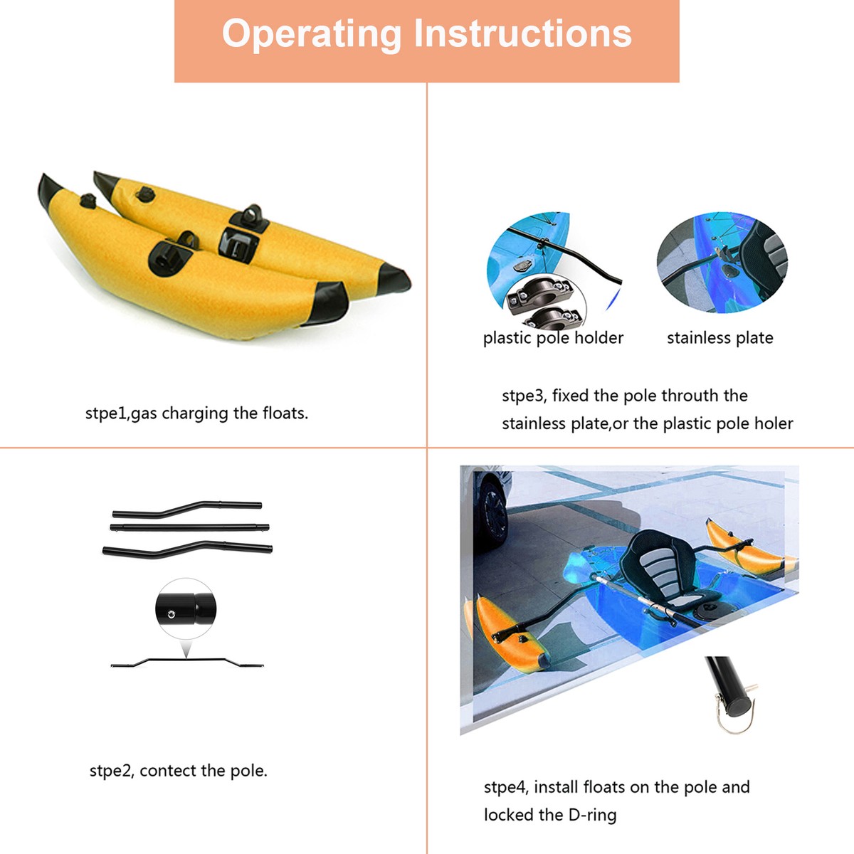 Kit Stabilisateur Gonflable KENANLAN Pour Kayak – PVC, Flotteurs 124 Cm, Jaune, Léger, Facile à Monter