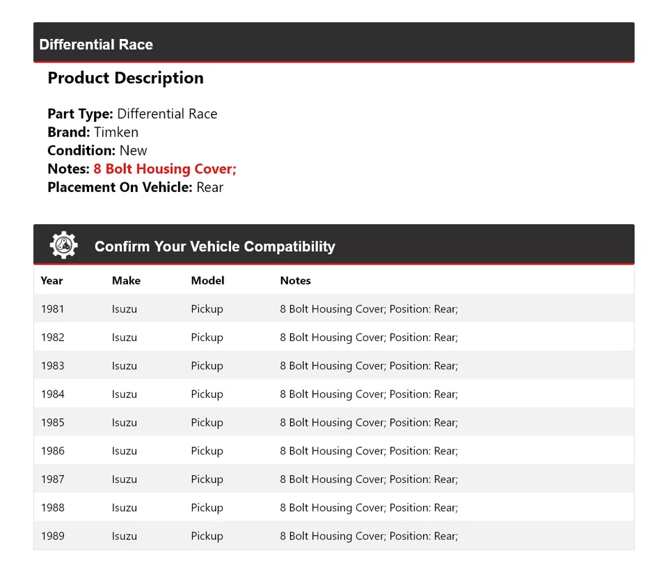 For 1981-1989 Isuzu Pickup Differential Race Rear Timken 1982 1983 1984 1985 - Image 2 of 4
