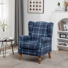 High Wing Back Armchair Tartan Fabric Chair Fireside Seat Living Room Lounge UK