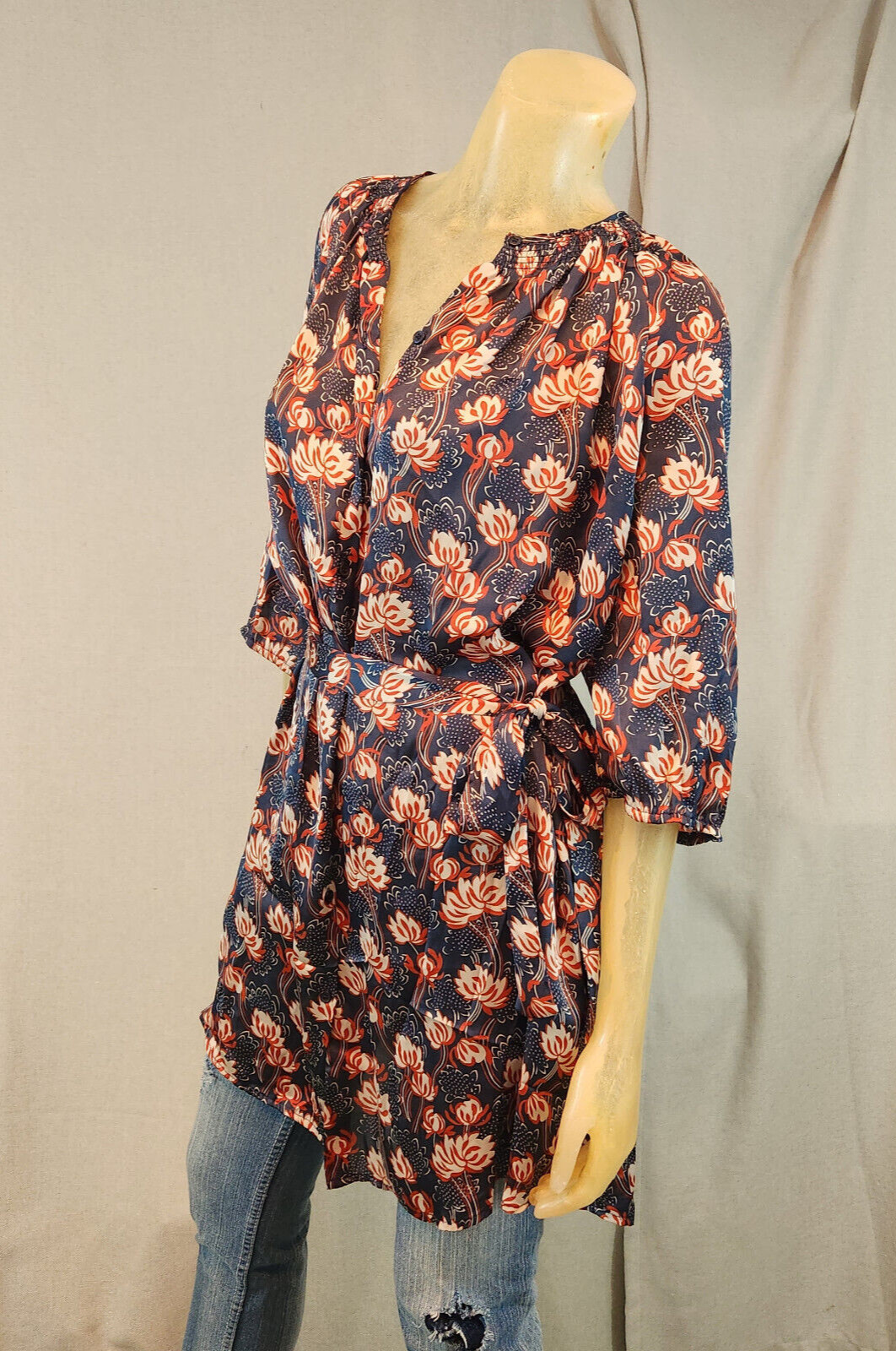 Collective Concepts Blue Red Floral V Neck Blouse Shirt Dress Womens USED MEDIUM