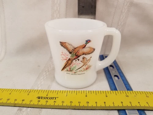 Vintage Fire King Coffee Mug Cup Ring Necked Pheasant Milk Glass Hunting