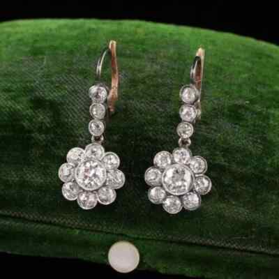 2ct Tester Pass Moissanite Antique Edwardian Drop Dangle 14K White Gold Plated