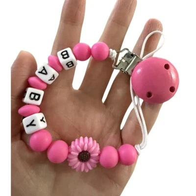 Personalised Girl Name Baby Pacifier Clips Dummy Clips Daisy Silicone Beads Pink