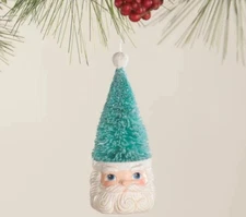 5" Bethany Lowe Blue Bottlebrush Tree Santa Head Ornament Retro Christmas Decor