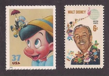 PINOCCHIO & JIMINY CRICKET + 1968 WALT DISNEY - 2 U.S. STAMPS - MINT CONDITION