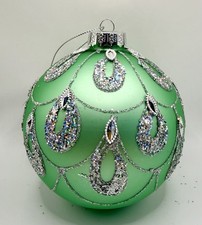 Mint Green Glass Ball Christmas Ornament XL Beaded Diamond Loop Glitter Elegant