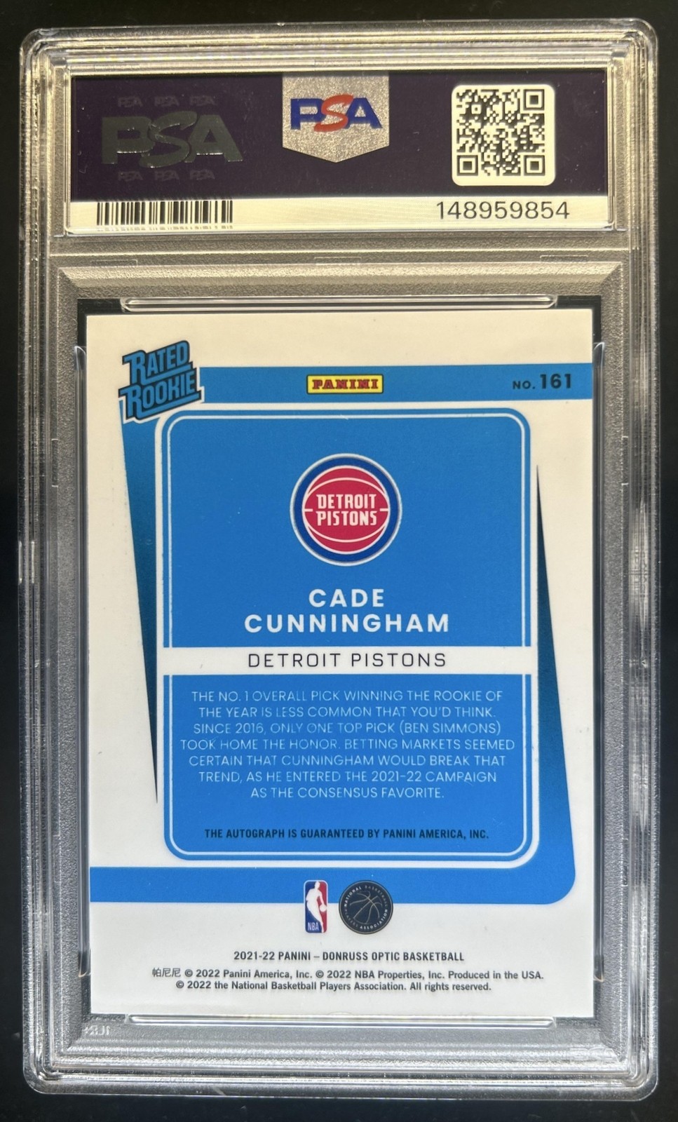 2021-22 Panini Donruss Optic Cade Cunningham Rated Rookie RC Auto #161 PSA 7 view 2