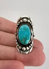 HUGE Vtg Navajo Sterling Silver Fox Turquoise Stamped Shield 1 3/8" Long Ring