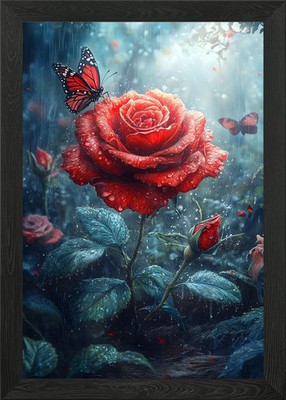 Rote Rose im Regen Gerahmtes Wandbild Poster Druck Bild
