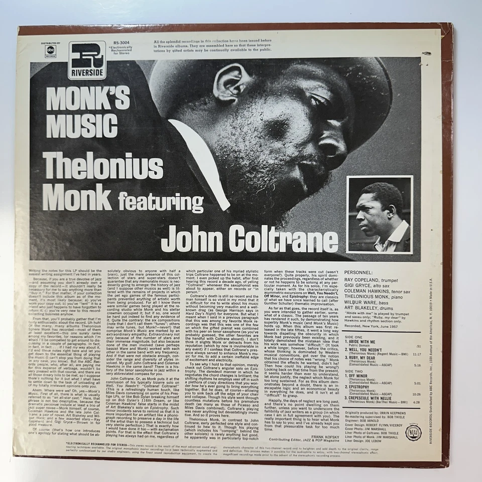 Monk's Music Record Vinyl Thelonious Monk Riverside RS 3004 Stereo - Image 2 of 4