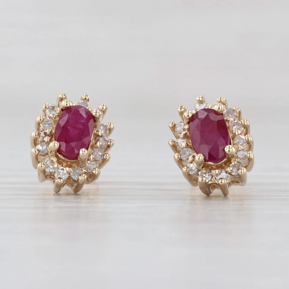 0.74ctw Ruby Diamond Halo Stud Earrings 14k Yellow Gold Studs - Image 3 of 4