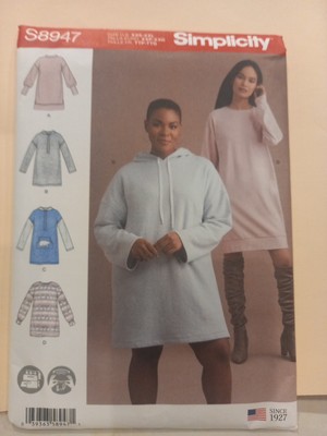Simplicity S8947 Long Sweatshirt Dress Kangaroo Hoodie Plus XXS to XXL