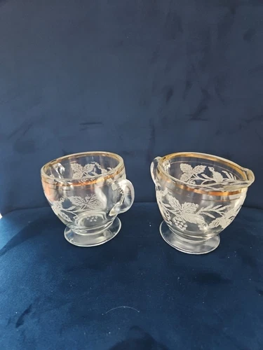 Vintage Clear Frosted Fruits Depression Glass Sugar and Creamer Set