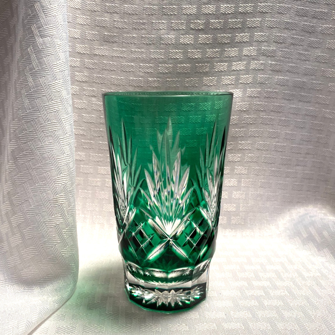 AJKA CAROLYNE HIGHBALL GLASS EMERALD GREEN CUT TO CLEAR CRYSTAL HUNGARY BOHEMIAN