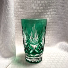 AJKA CAROLYNE HIGHBALL GLASS EMERALD GREEN CUT TO CLEAR CRYSTAL HUNGARY BOHEMIAN
