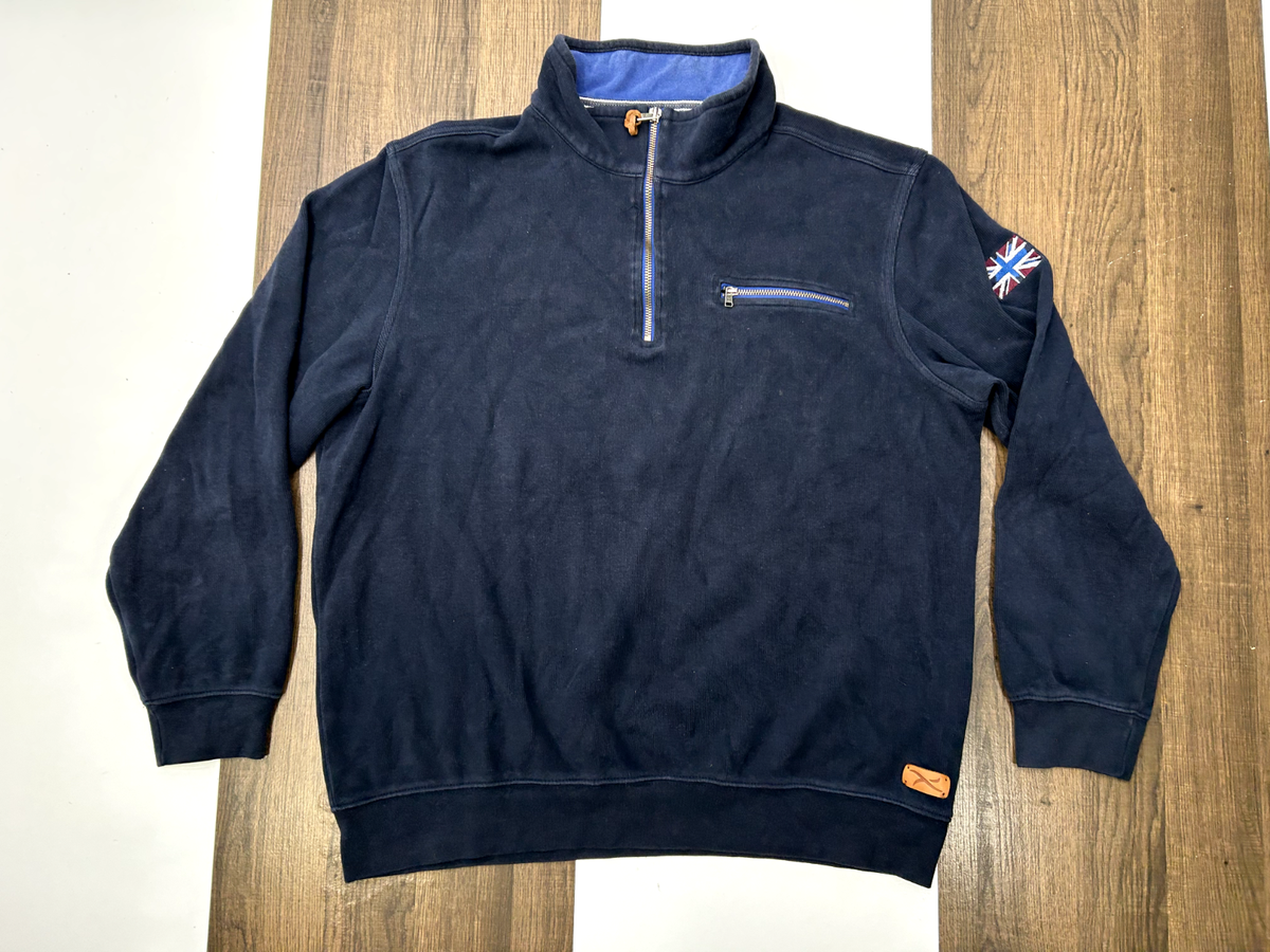 Brax Feel Good Mens XL Blue Sweater Sweatshirt Long Sleeve Pocket 1/4 Zip  Flag