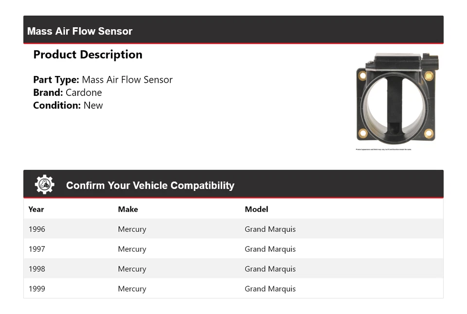 Sensor de flujo de aire masivo Cardone 1997 1998 Mercury Grand Marquis 1996-1999 Foto 2 de 4