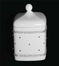 White Ceramic Allover Rhinestones Rows 2-Pc Cotton Ball / Trinkets Square Jar