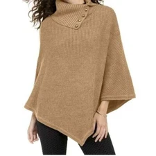 Michael Kors Women's Wide-Rib Button Turtleneck Poncho  - Camel Tan - One size
