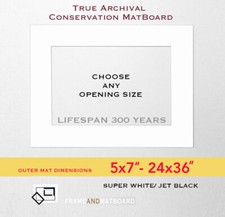Conservation Grade Matboard - Custom Opening, Sizes 5x7 to 24x36, Super WHITE