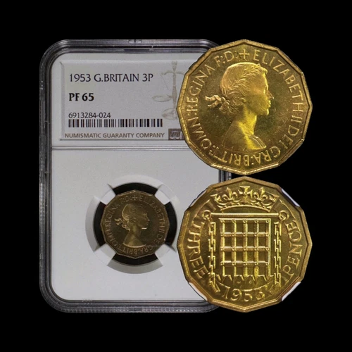 GREAT BRITAIN. 1953, 3 Pence - NGC PF65 - Crowned Portcullis, Tudor Badge 024