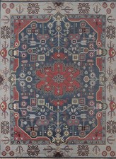 Navy Blue Geometric Kazak Living Room Rug 8x1...