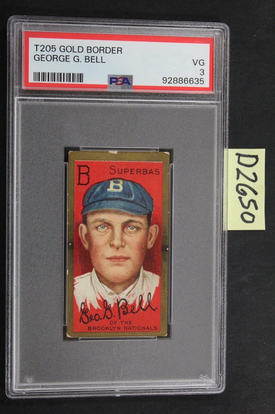 Vintage 1911 T205 Gold Border - GEORGE G. BELL - Brooklyn Dodgers - PSA 3 (D2650