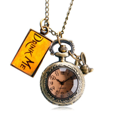 Retro Transparent Cover Drink Me Pendant Mini Quartz Pocket Watch Necklace Chain