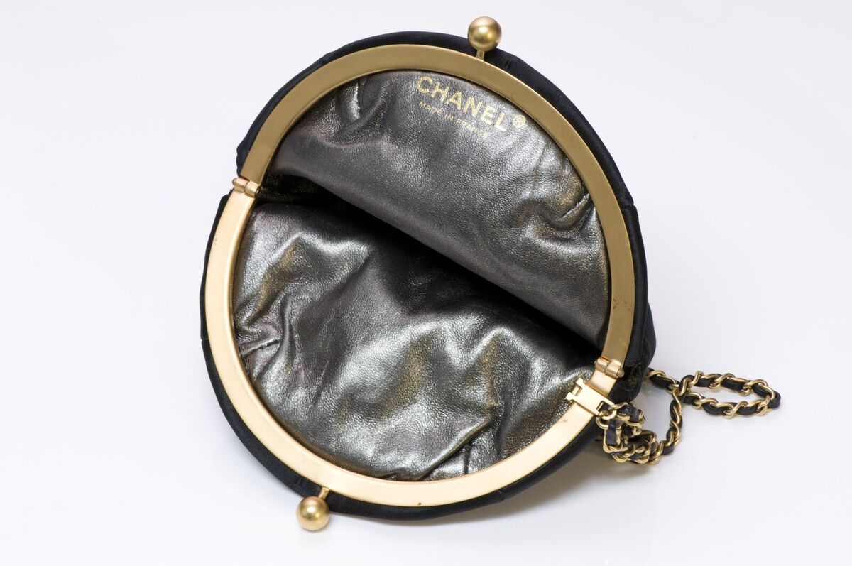 CHANEL Black Satin Beaded Crystal Round Clutch Bag