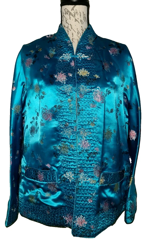 Chaqueta De Colección Seda China Reversible Cuello Mandarín, Azul/Blanco Satinado con Flores