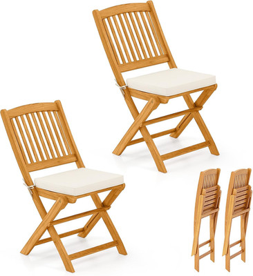 2 Pieces Folding Outdoor Dining Chairs, Acacia Wood Patio Chairs with Soft Cushi