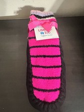 Limited Too Girls Slipper Socks Pink Black Striped Fleece Sock Sz 6-8.5 NWT