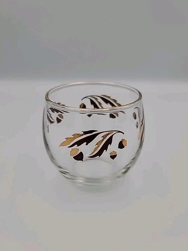 Vtg MCM Federal Roly Poly Barware Glass Brown Gold Acorns Oak Leaves Pattern