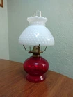 Vintage Red Glass Hurricane Oil Lamp Eagle Burner w/Milk Glass Hobnail Shade