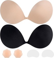 2 Pairs Sticky Bra Push Up, Adhesive Strapless Backless Bras with Nipple, C Cup
