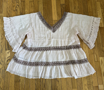 Indigo Thread Co. XL White Tunic Blouse V-Neck 3/4 Bell Sleeve Brown Lace