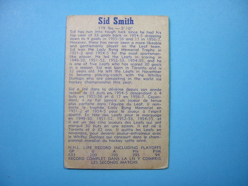 1957/58 PARKHURST NHL HOCKEY CARD #10 SID SMITH GD/VG MAPLE LEAFS 57/58 PARKIE - Image 2 of 2