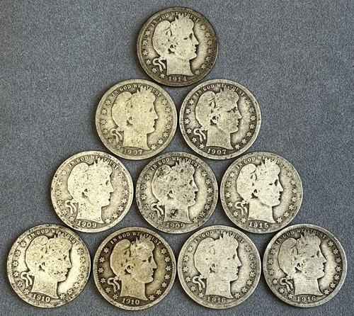 Barber Quarter Lot 10 Coins 1907-1916 D Mint VG-F Nice Set R54