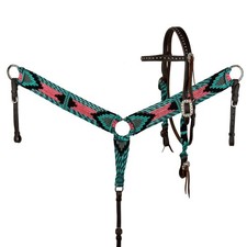 Showman Teal, Pink  Black Corded Mohair Browband Headstall  Breast Collar Set