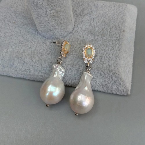 Freshwater Cultured White Keshi Pearl Natural Opal Stud Dangle Earrings - Picture 2 of 4