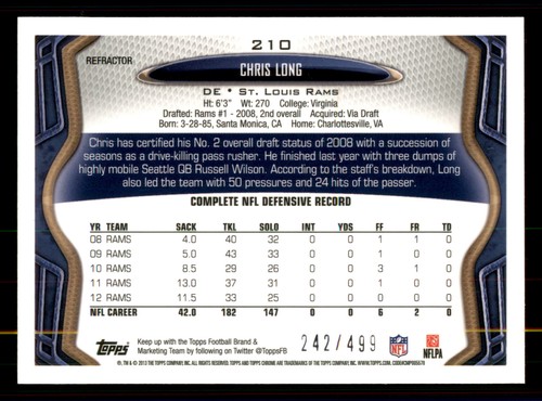 2013 Topps Chrome Chris Long #210 viola /499 St. Louis Rams - Foto 2 di 2