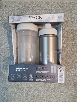 Core Kitchen - 2 stilvolle Edelstahl Wasserflaschen & Kunststoff Shaker/Mixer