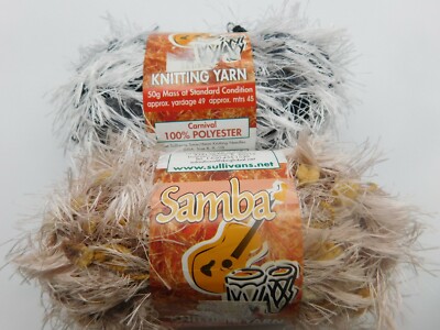 2 SKEINS OF SAMBA KNITTING YARN, EYELASH, CARNIVAL & COCOA CREME, 1.75 OZ EACH