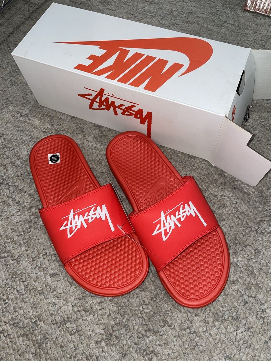 New Nike x Stussy Benassi Slides Sandals Habanero Red CW2787