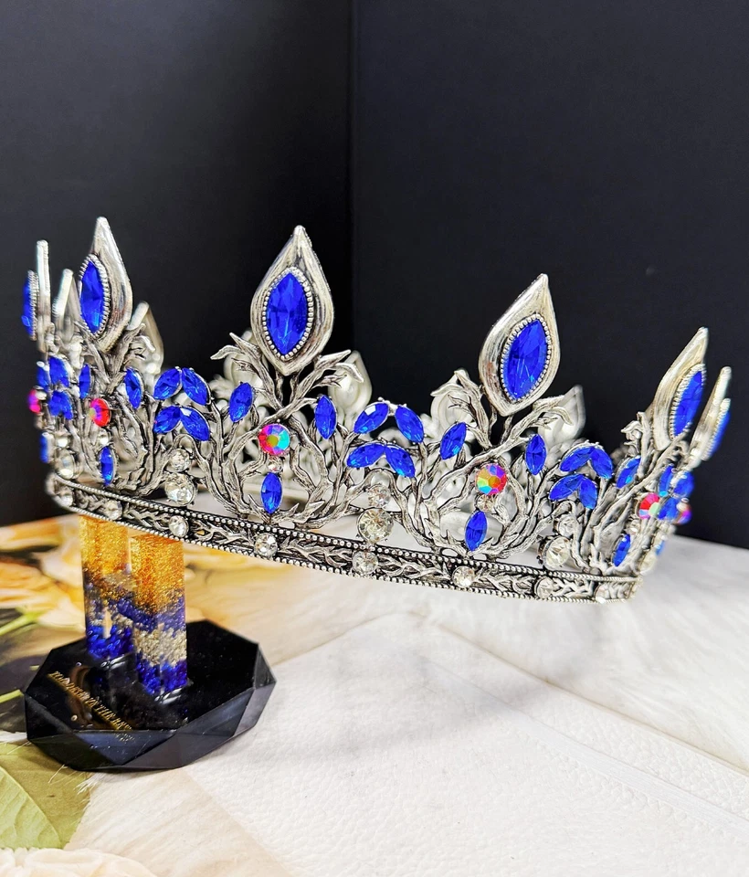 Diadema Príncipe Real, Cristal Azul Medieval, Coroa Masculina, Coroa de Prata Regal - Imagem 2 de 4