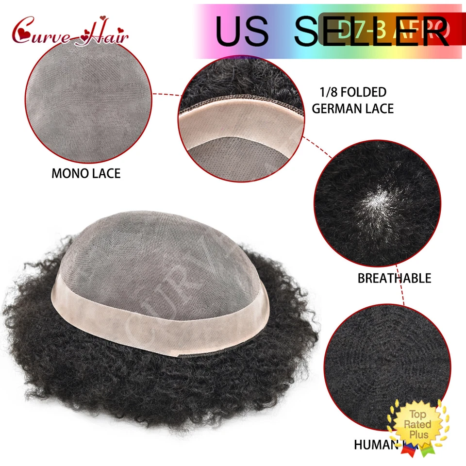 Hair Units for Black Men Afro Kinky Curly Fine Mono Lace Men Toupee Hair System - Image 2 of 4
