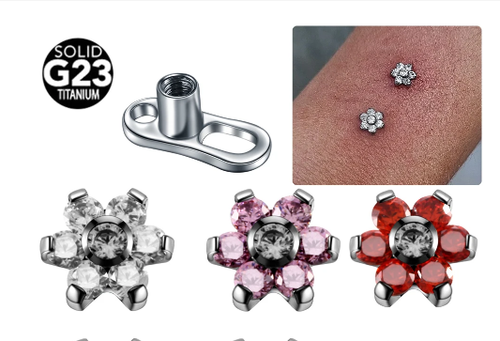 1 SET CLEAR 5MM CZ FLOWER STEEL 14G Titanium THREADED DERMAL ANCHOR TOP COMBO - Picture 2 of 2