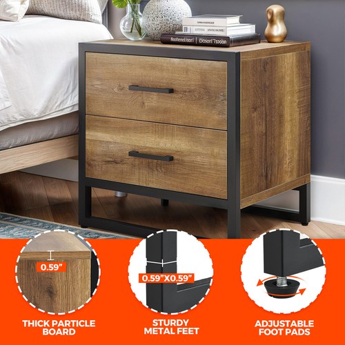 Nightstand Set of 2 Bedside Table Storage 2 Drawer Dresser Metal Frame Bedroom - Picture 5 of 11