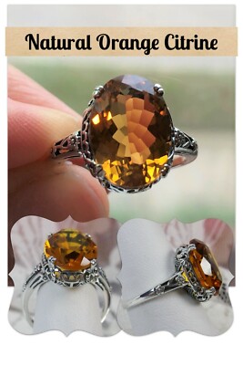 Natürlicher orangefarbener Citrin Ring, Sterlingsilber edwardianisch filigran (individuell) D70