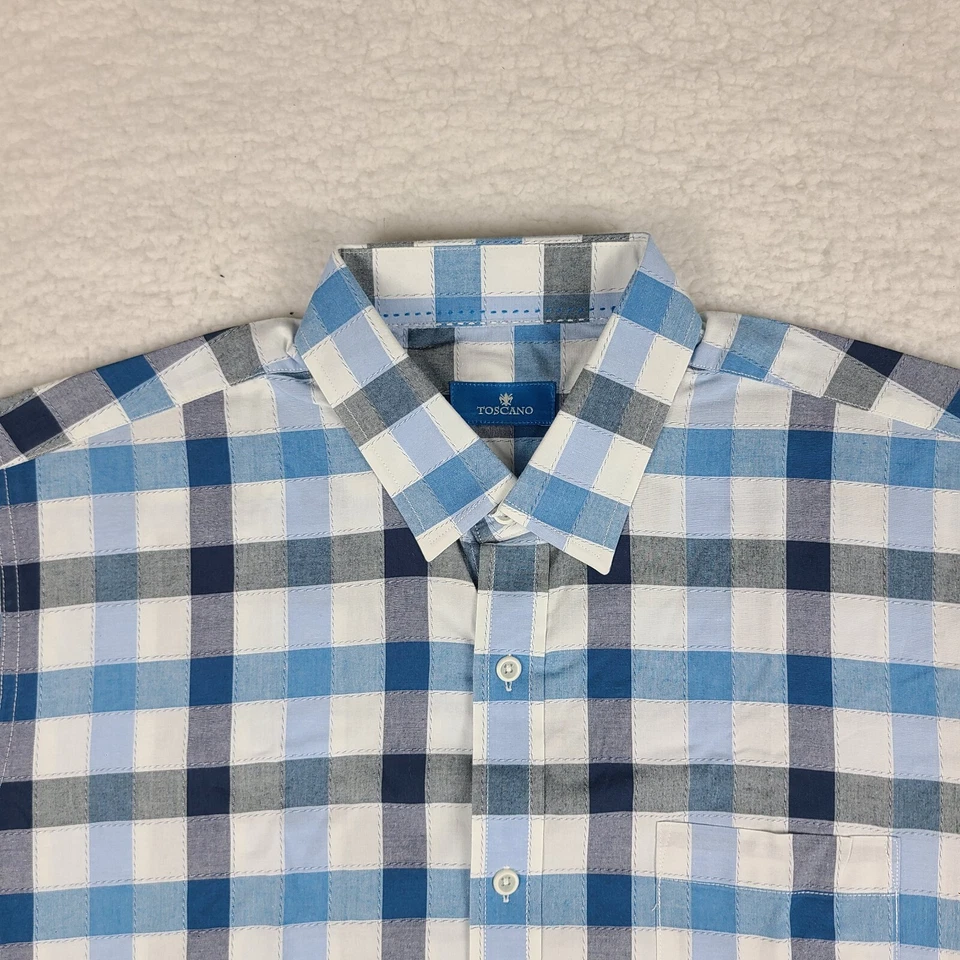 Toscano Shirt Mens Large Blue White Check Plaid Cotton Dress Button Up - Image 3 of 4
